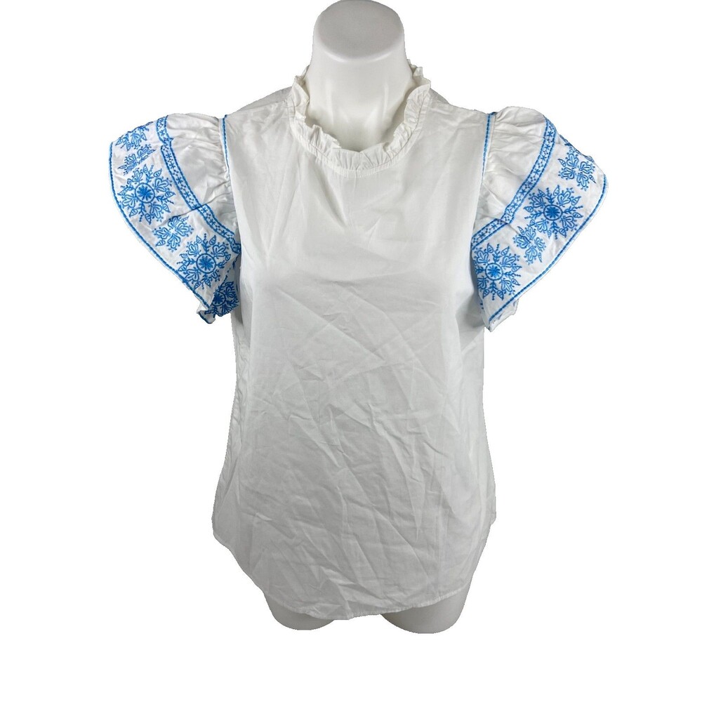White Peasant Shirt Women Large Blue Embroidery Bohemian Ruffle Sleeve NWT